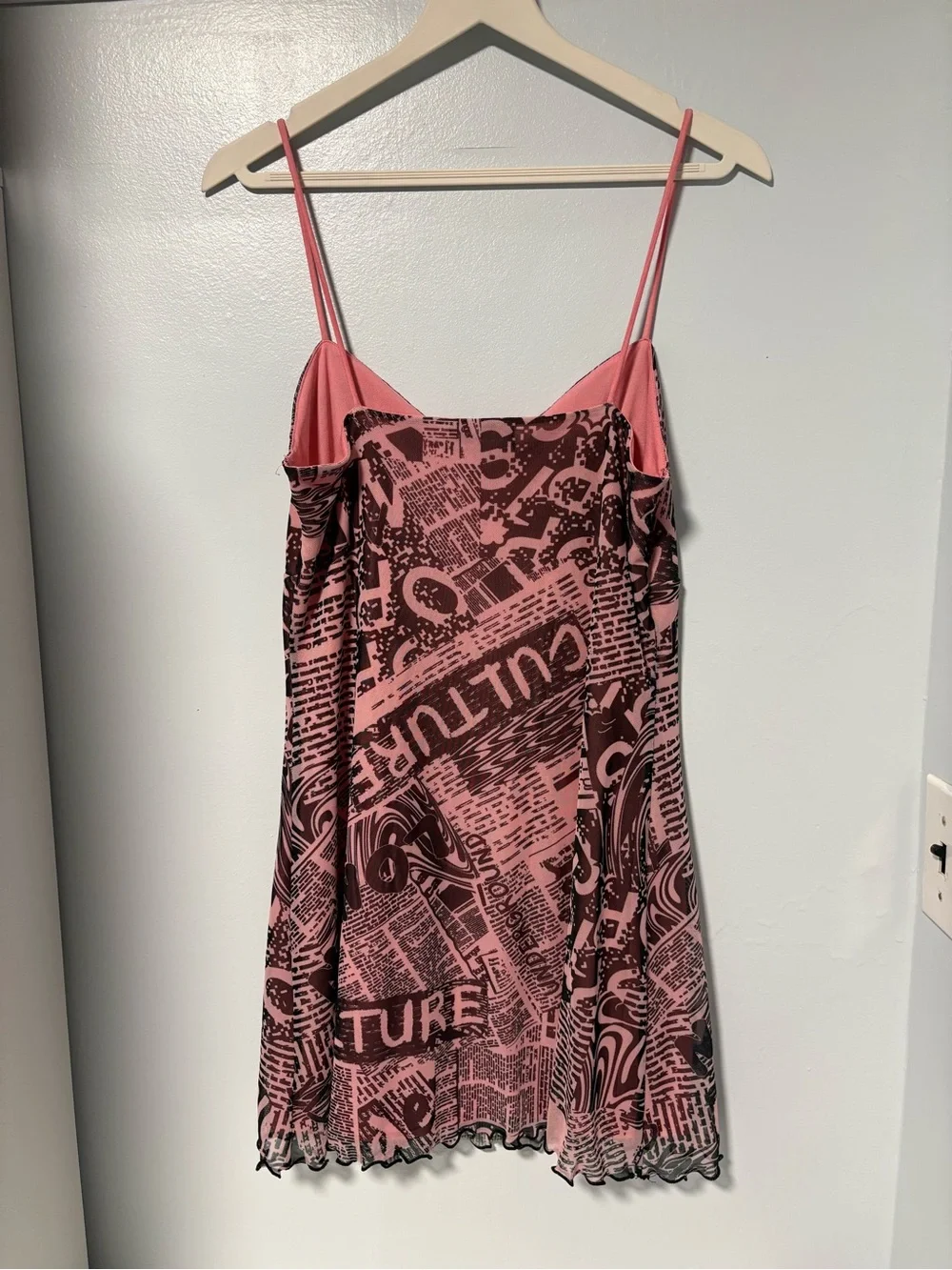 Urban Outfitters UO Elodie Mesh Slip Dress Newspaper Print Pink Black Size Large